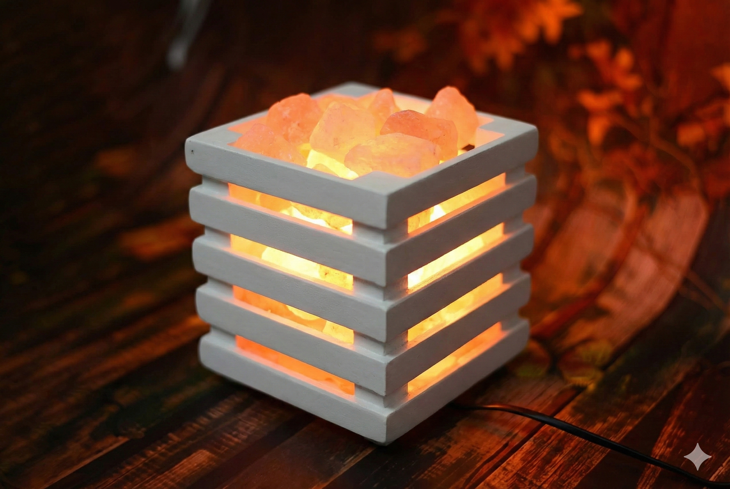NSA Salt Basket – Lattice Wood Cube Design Himalayan Pink Salt Lamp Basket