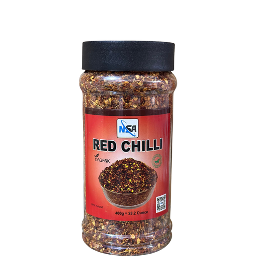 NSA Crushed Red Chili Jar – 100% Pure & Natural Moti Laal Mirch Flakes | Premium Coarse Crushed Chili for Cooking, Seasoning, BBQ, Karahi & Spice Blends – 400gm